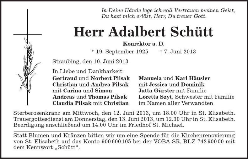 Traueranzeige Adalbert Schütt