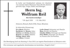 Traueranzeige Wolfram Reil