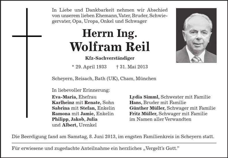 Traueranzeige Wolfram Reil