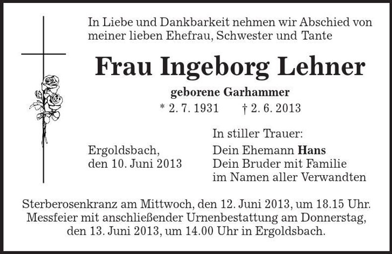 Traueranzeige Ingeborg Lehner