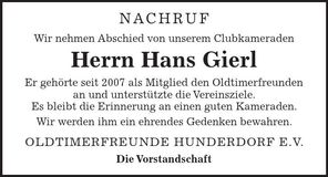 Traueranzeige Hans Gierl