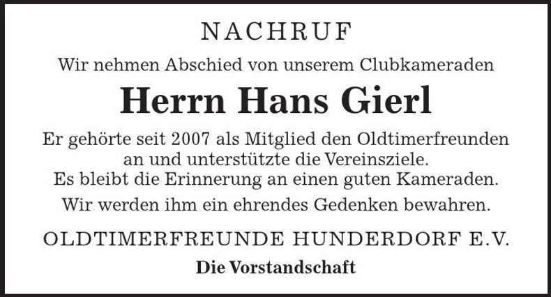 Traueranzeige Hans Gierl
