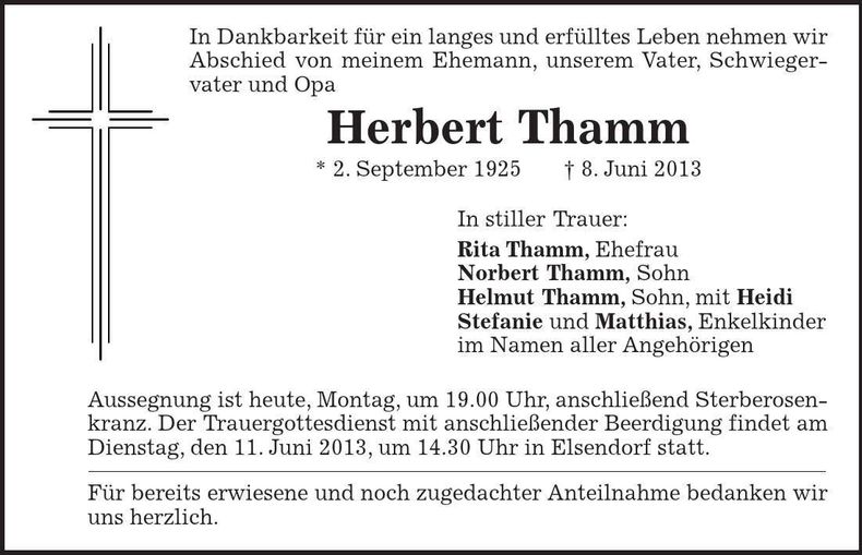Traueranzeige Herbert Thamm