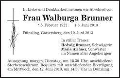 Traueranzeige Walburga Brunner