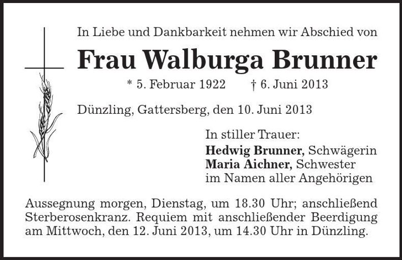 Traueranzeige Walburga Brunner