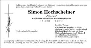 Traueranzeige Simon Hochscheiner