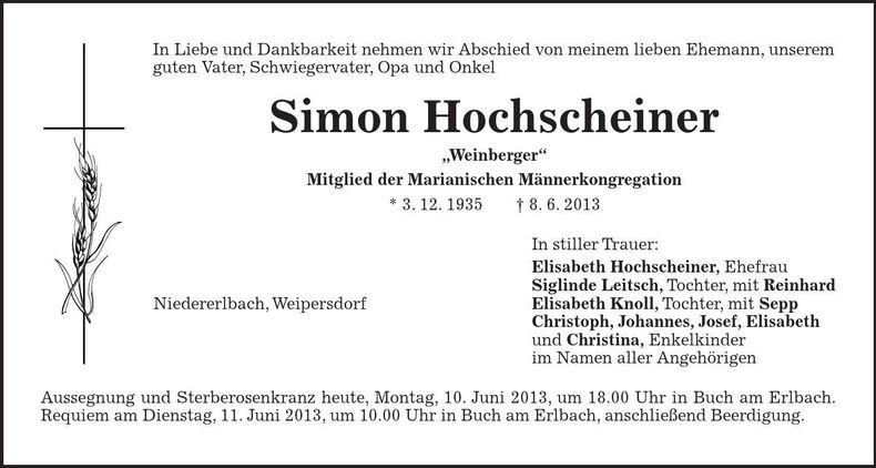 Traueranzeige Simon Hochscheiner