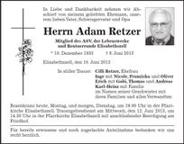 Traueranzeige Adam Retzer