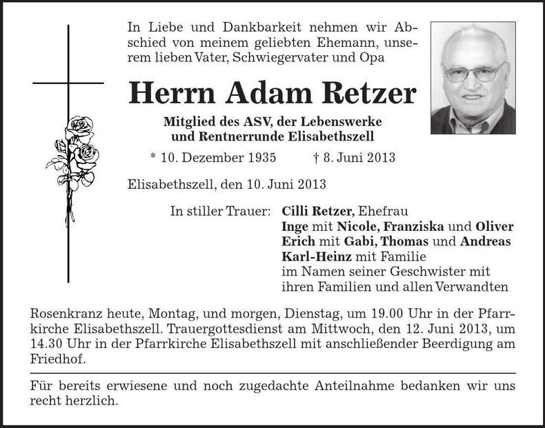 Traueranzeige Adam Retzer