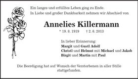 Traueranzeige Annelies Killermann
