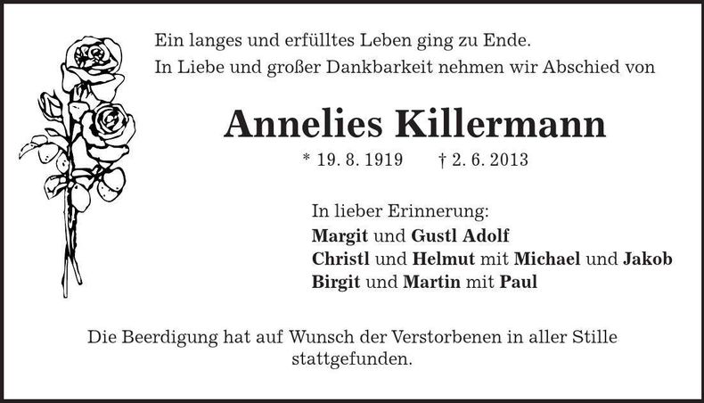 Traueranzeige Annelies Killermann
