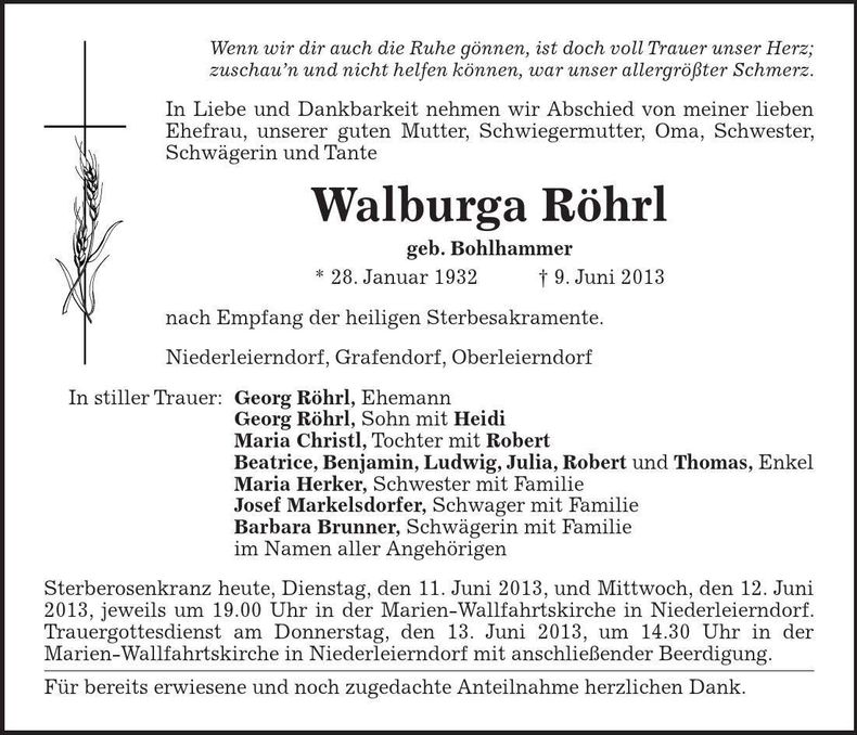 Traueranzeige Walburga Röhrl
