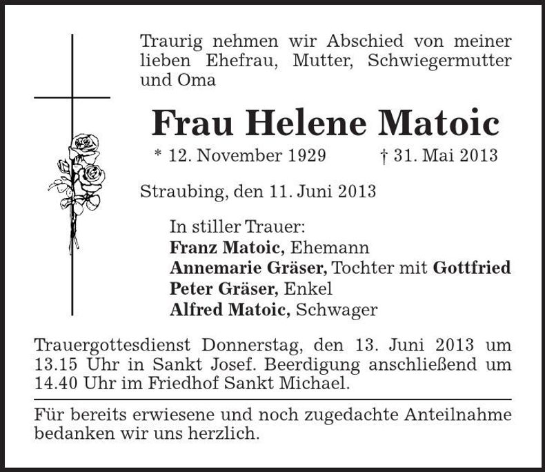 Traueranzeige Helene Matoic
