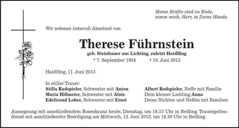Traueranzeige Therese Führnstein