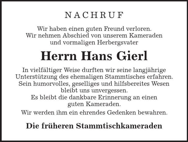 Traueranzeige Hans Gierl