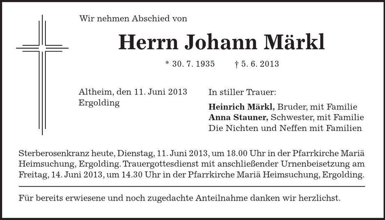 Traueranzeige Johann Märkl