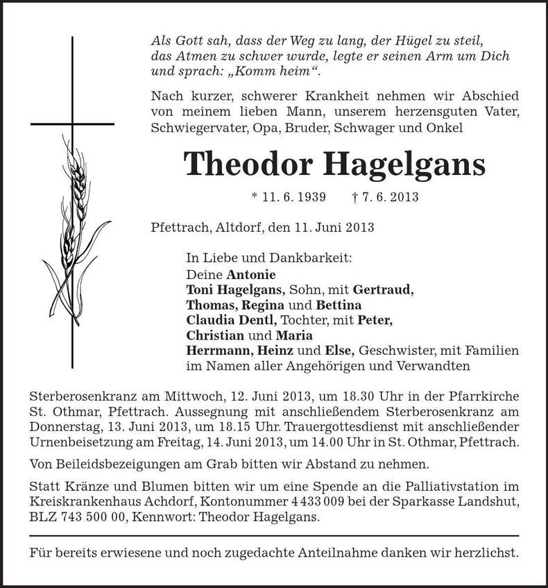 Traueranzeige Theodor Hagelgans