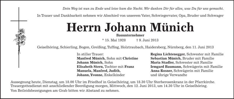 Traueranzeige Johann Münich