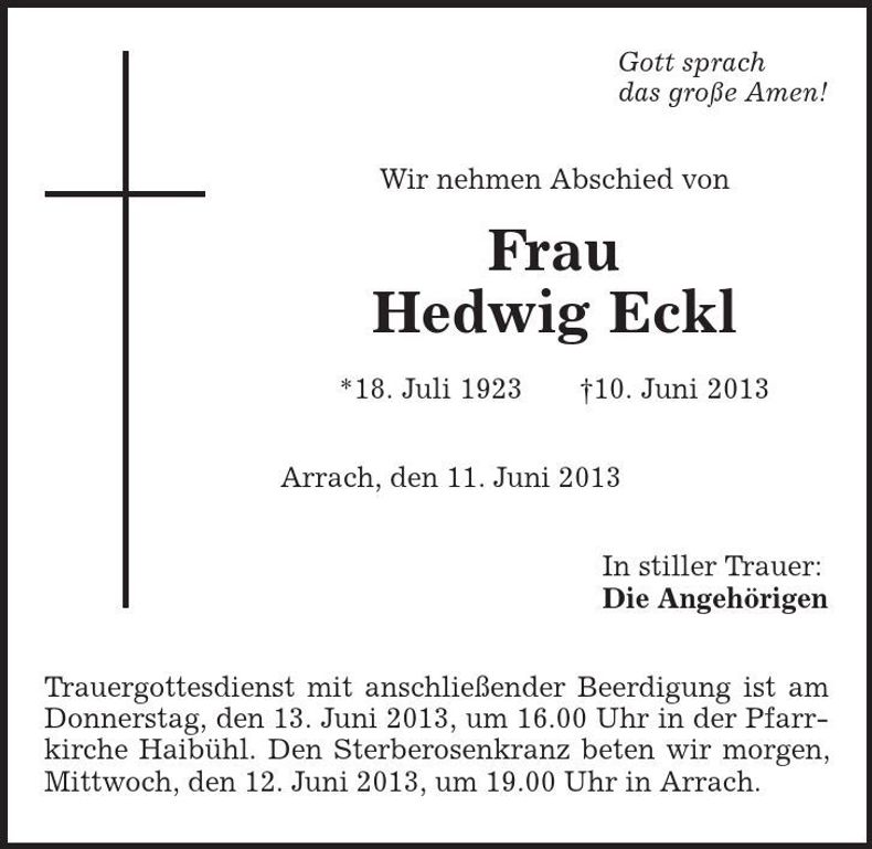 Traueranzeige Hedwig Eckl