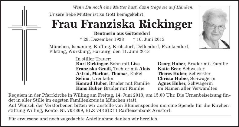 Traueranzeige Franziska Rickinger