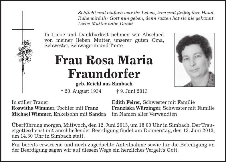 Traueranzeige Rosa Maria Fraundorfer