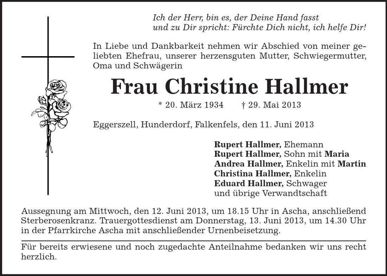 Traueranzeige Christine Hallmer
