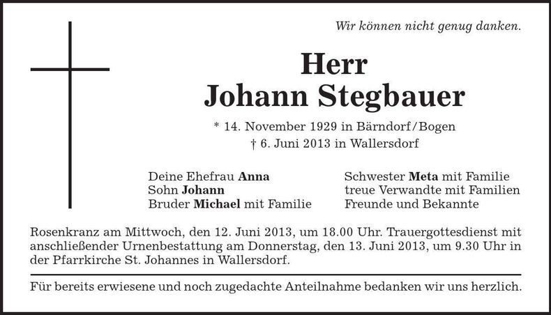 Traueranzeige Johann Stegbauer