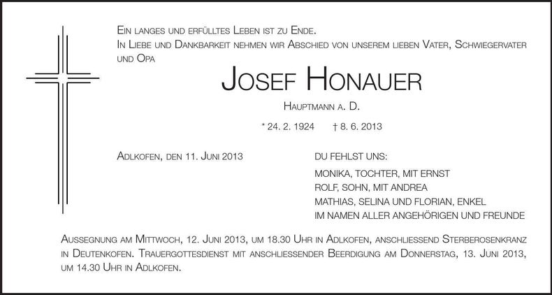 Traueranzeige Josef Honauer