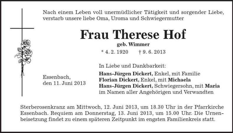 Traueranzeige Therese Hof