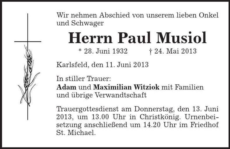 Traueranzeige Paul Musiol