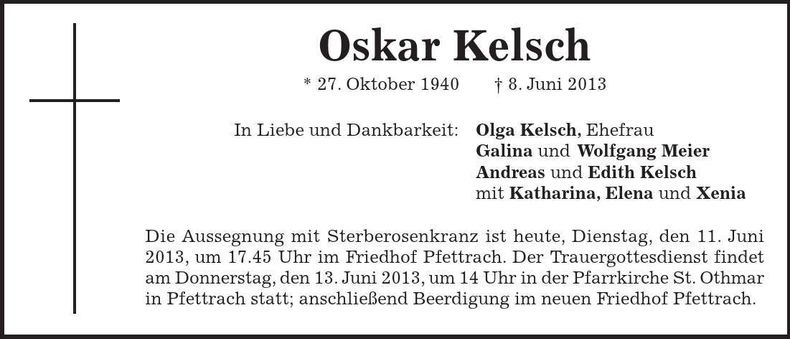 Traueranzeige Oskar Kelsch