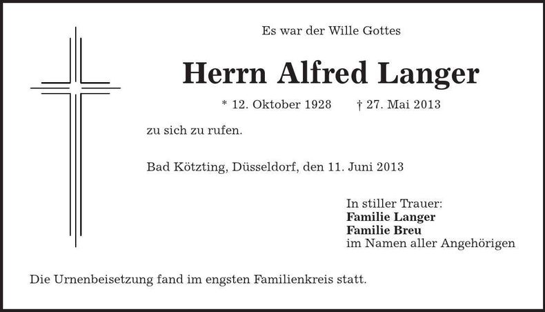 Traueranzeige Alfred Langer