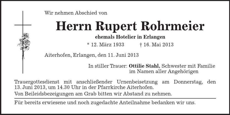 Traueranzeige Rupert Rohrmeier