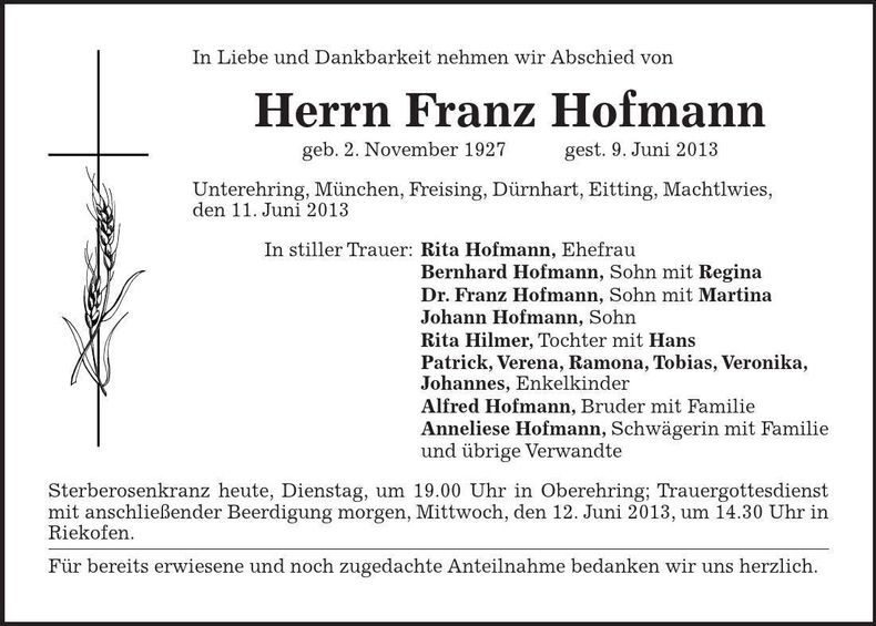 Traueranzeige Franz Hofmann