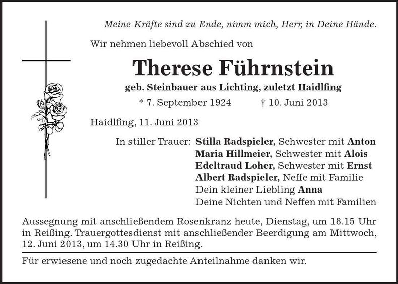 Traueranzeige Therese Führnstein