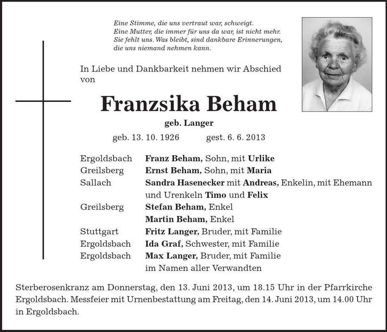 Traueranzeige Franziska Beham