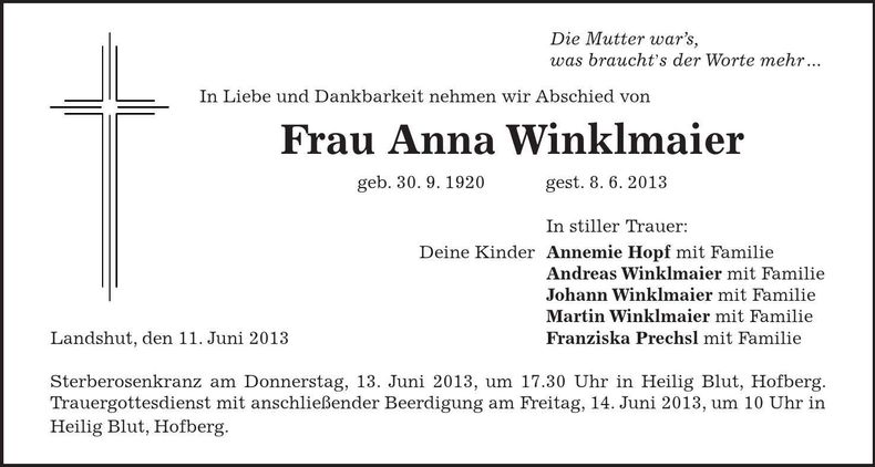 Traueranzeige Anna Winklmaier