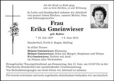Traueranzeige Erika Gmeinwieser
