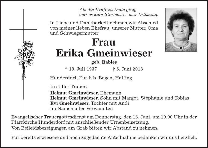 Traueranzeige Erika Gmeinwieser
