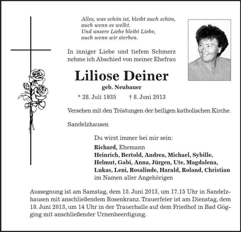 Traueranzeige Liliose Deiner