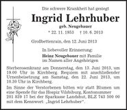 Traueranzeige Ingrid Lehrhuber