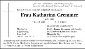 Traueranzeige Katharina Gremmer