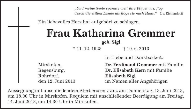 Traueranzeige Katharina Gremmer