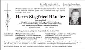 Traueranzeige Siegfried Häusler