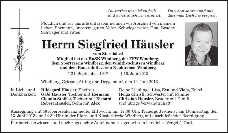 Traueranzeige Siegfried Häusler
