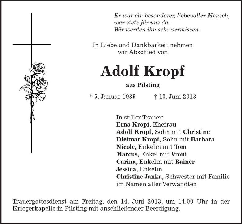 Traueranzeige Adolf Kropf