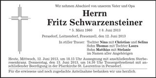 Traueranzeige Fritz Schwarzensteiner