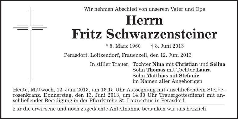 Traueranzeige Fritz Schwarzensteiner