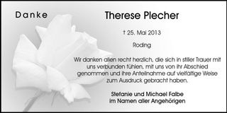 Traueranzeige Theresia Plecher