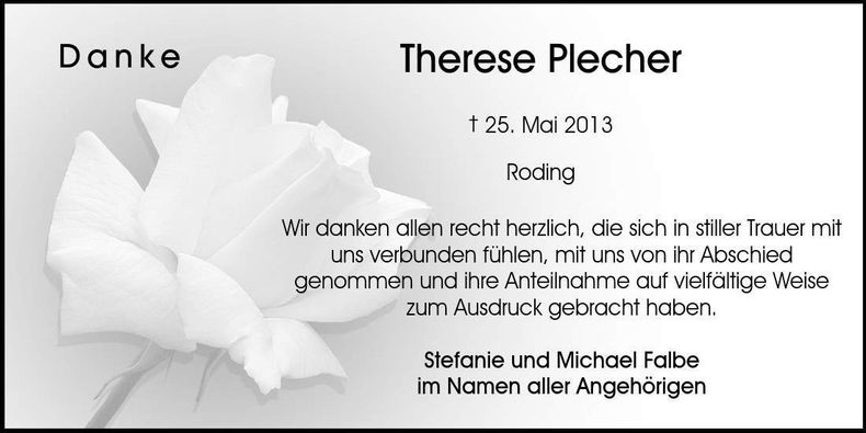 Traueranzeige Theresia Plecher